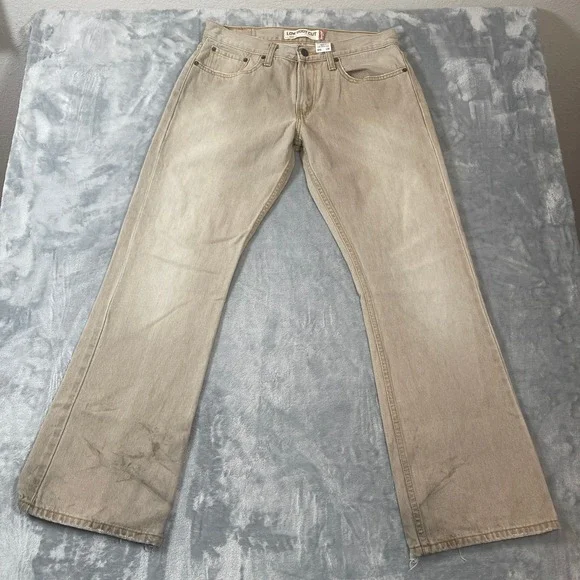 Levis Jeans Mens 32x30 527 Low Boot Cut Tan Khaki Faded Distressed Y2K Skater - Picture 1 of 8